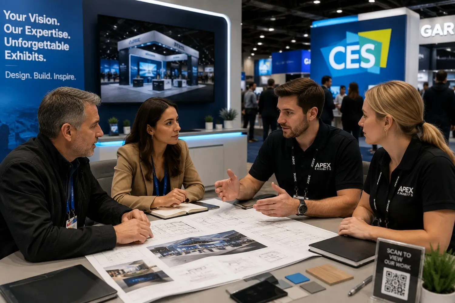 CES 2027 booth builders discussing CES exhibit design with exhibitors at the Las Vegas Convention Center during the Consumer Electronics Show
