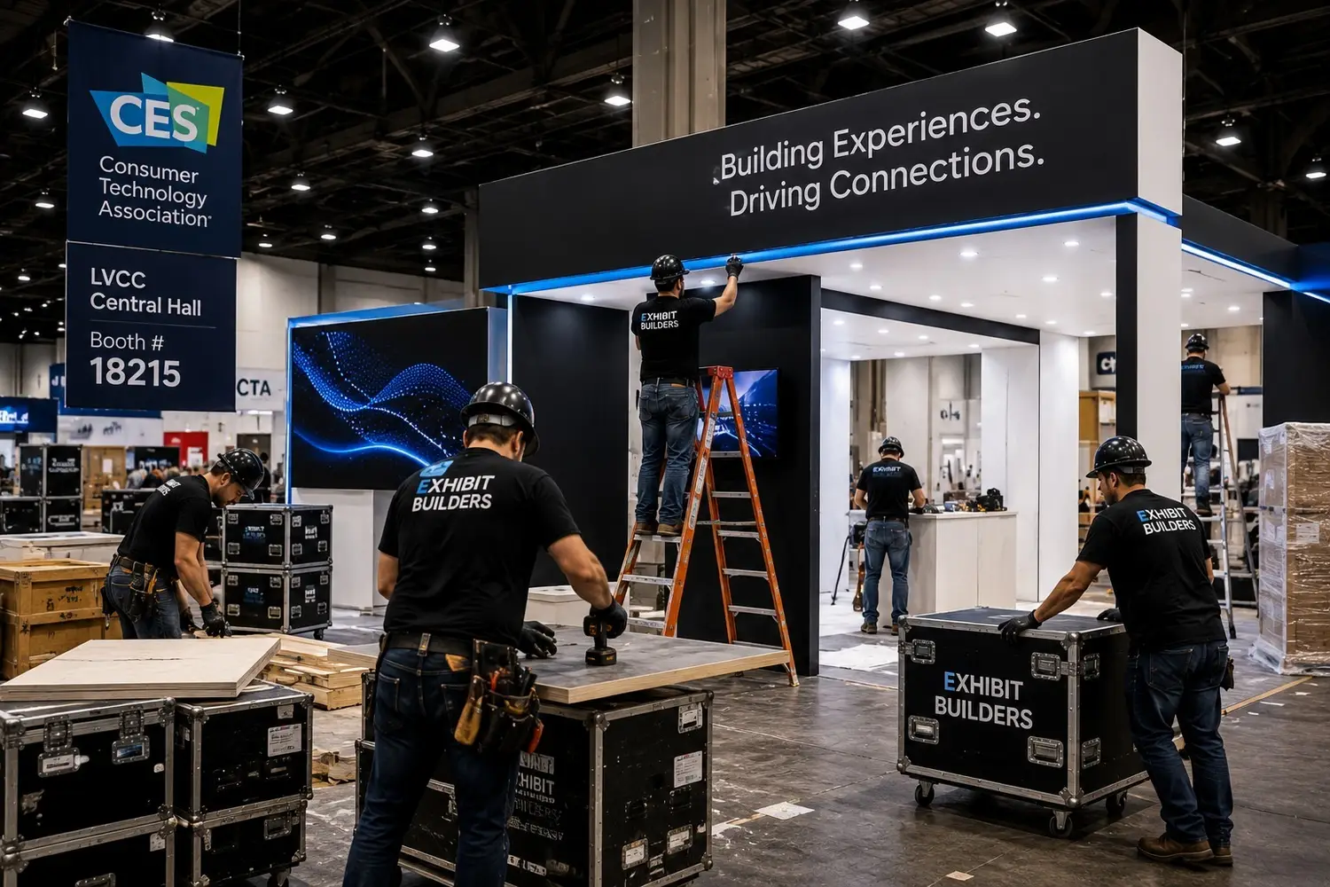CES booth builders installing a custom exhibit in the CES West Hall at the Las Vegas Convention Center for CES Las Vegas 2027