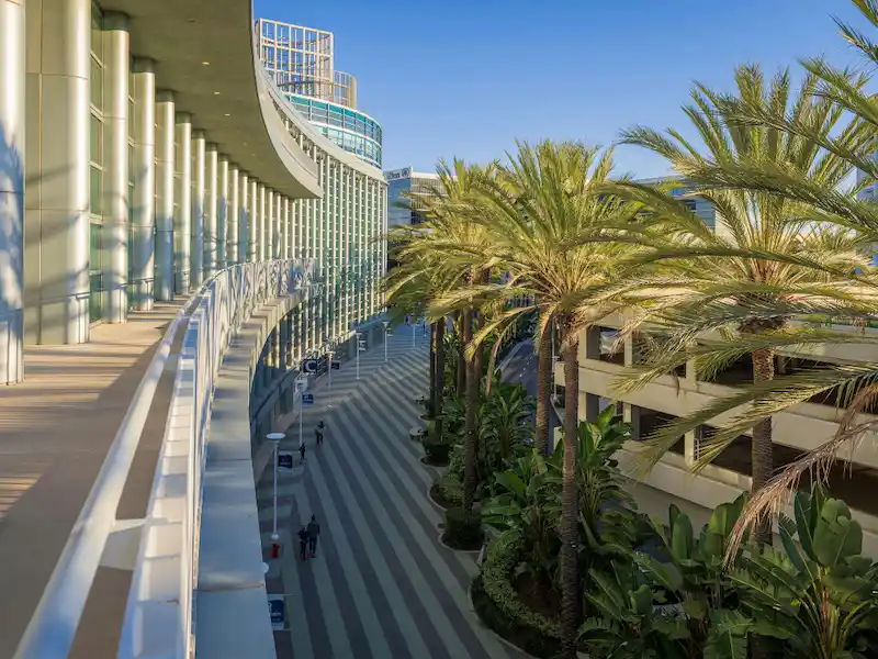 Curved glass facade and palm-lined walkway at the Anaheim Convention Center