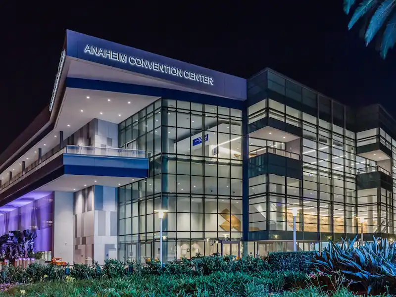 The Anaheim Convention Center main entrance lit at night