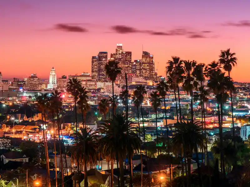 Los Angeles skyline at sunset with palm trees and downtown buildings