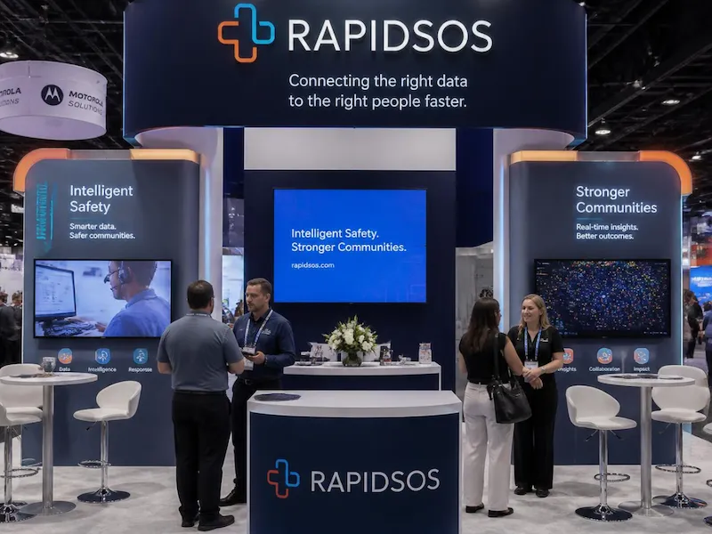 Branded trade show booth with product displays and visitors in Orlando