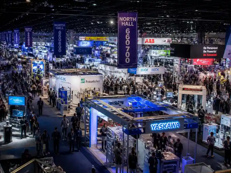 Large Orlando trade show floor with exhibition booths and displays