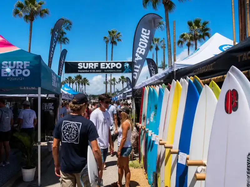 Surf Expo Orlando with colorful trade show displays and exhibition booths