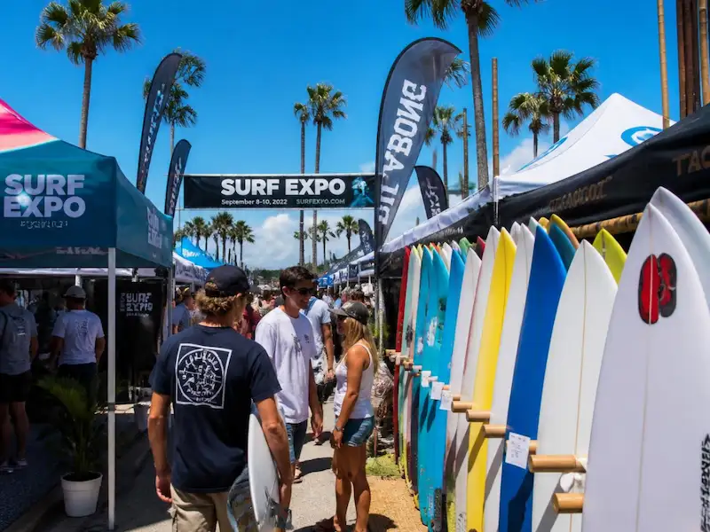 Surf Expo Orlando with colorful trade show displays and exhibition booths