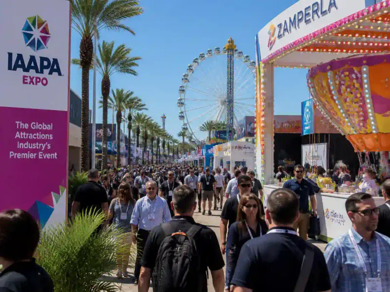 IAAPA Expo in Orlando with outdoor exhibition displays and attendees