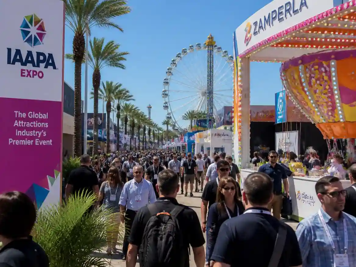 IAAPA Expo in Orlando with outdoor exhibition displays and attendees