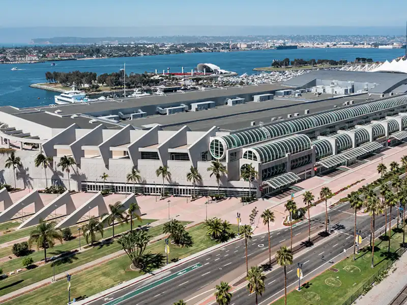 Aerial view of the San Diego Convention Center along San Diego Bay