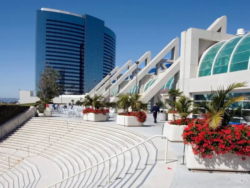 Terrace and curved glass canopy at the San Diego Convention Center