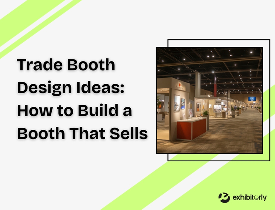 A modern trade booth design with interactive displays, vibrant lighting, and branded visuals that draw visitors and create lasting impressions by exhibitorly
